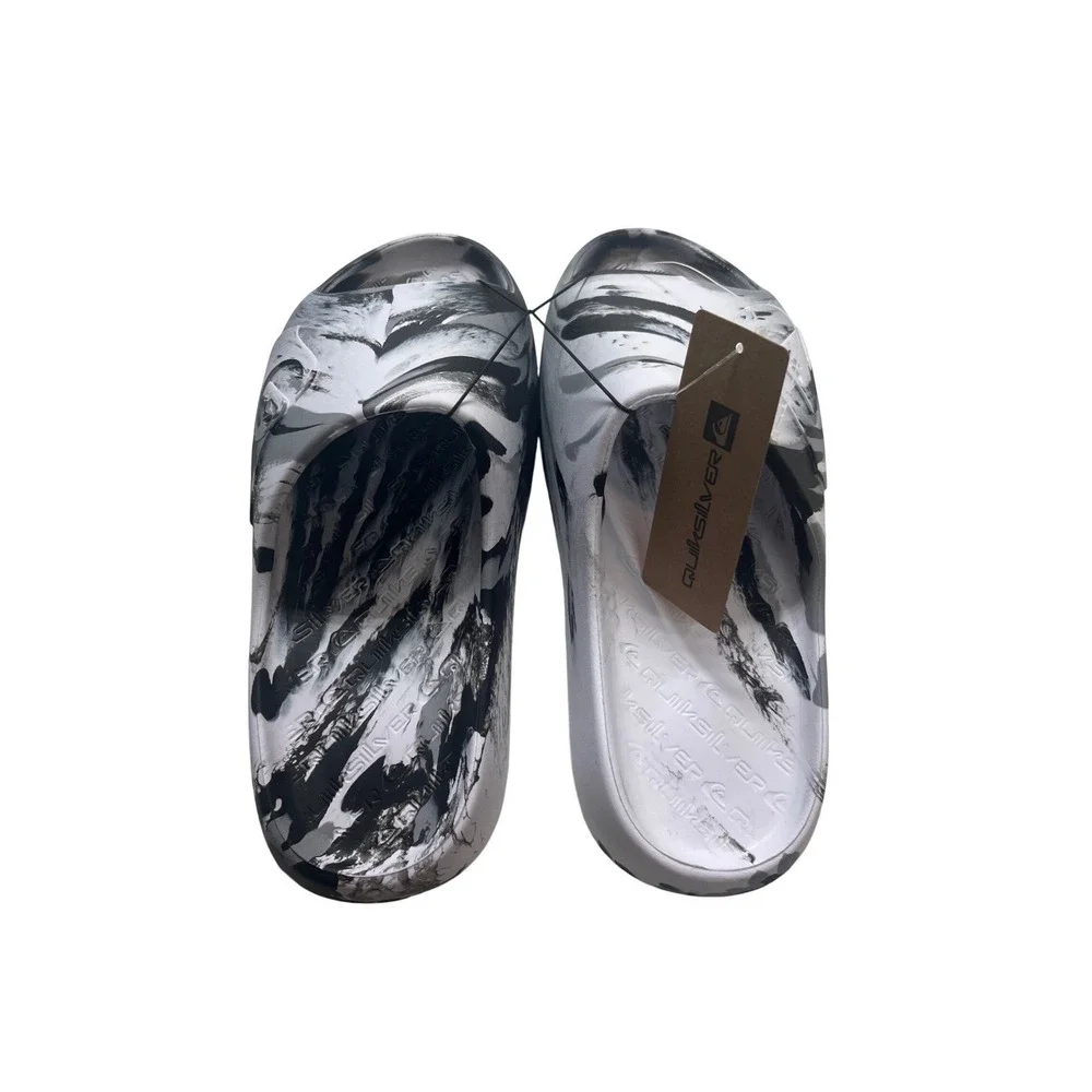 Quiksilver Bright Coast Slide Sandals Men Size 10 Black White Marble Swirl NEW